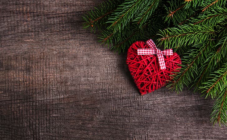 decoration, heart, New Year, Christmas, love, wood, merry, fir tree, fir-tree branches, HD wallpaper