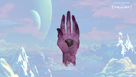 человеческая рука с лунами и горами на фоне иллюстрации, Портер Робинсон, художественная инсталляция, цифровые принты, музыка, музыкальный фестиваль, HD обои HD wallpaper