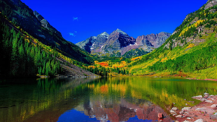 Berg, 5k, 4k, 8k, Maroon Bells, Fluss, Colorado, HD-Hintergrundbild