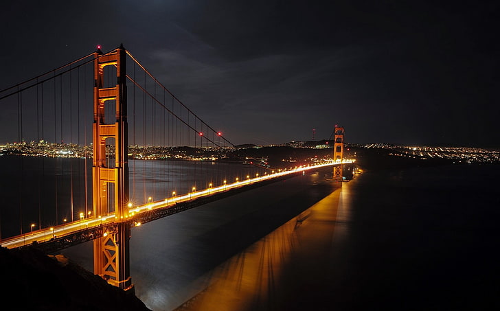 черно-красная железнодорожная колея, мост, мост Золотые ворота, ночь, HD обои