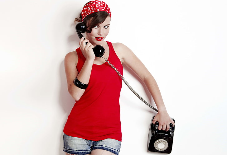 women's red tank top, girl, retro, mood, modern, phone, beautiful, style, stationary, pin-up, pin-up., talking, HD wallpaper