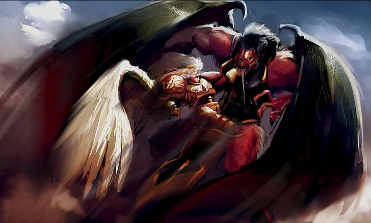 천사와 악마의 싸움 그림, 악마, 싸움, 워해머 40k, 제국의, 피의 목자, Sanguinius, HD 배경 화면
