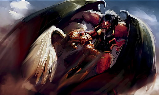 ангел и демон борются с живописью, демон, бой, Warhammer 40k, Примарх, кровожадец, Сангвиний, HD обои HD wallpaper
