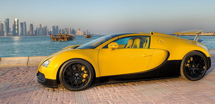 yellow Bugatti Veyron, bugatti, veyron, supercar, grand, sport, 16 4, 2012, qatar, HD wallpaper