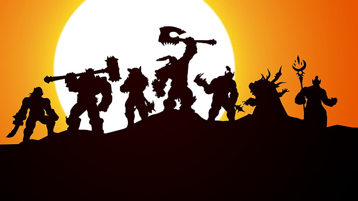 silhouette of game characters digital wallpaper, orcs, wow, world of warcraft, ork, Horde, warchief, Grom Hellscream, Grommash, Durotan, Gul'dan, warlords of draenor, nerzul, the leader of the Northern wolf, frost wolf, Blackhand, leaders, HD wallpaper