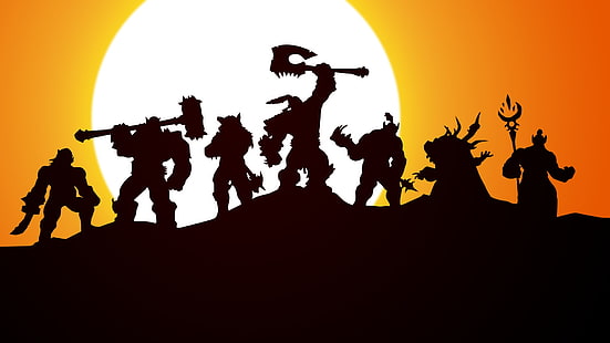 silhouette of game characters digital wallpaper, orcs, wow, world of warcraft, ork, Horde, warchief, Grom Hellscream, Grommash, Durotan, Gul'dan, warlords of draenor, nerzul, the leader of the Northern wolf, frost wolf, Blackhand, leaders, HD wallpaper HD wallpaper