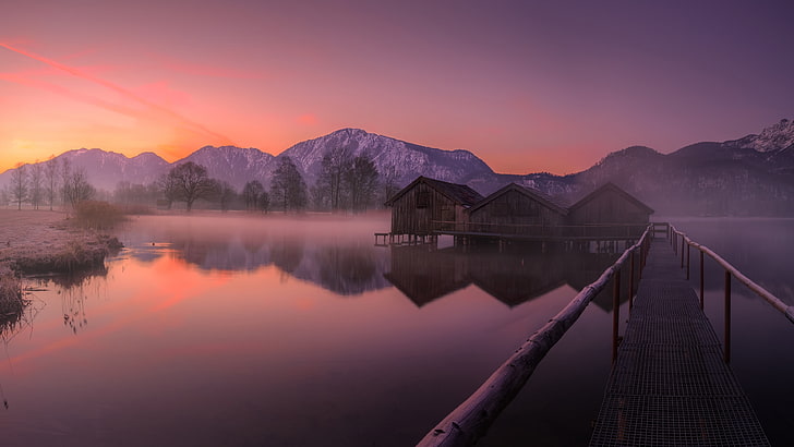 озеро, горное озеро, озеро Кохель, Германия, горный хребет, Бавария, Кохельзее, гора, спокойствие, отражение, фиолетовый пейзаж, эллинг, вода, восход солнца, небо, рассвет, природа, HD обои
