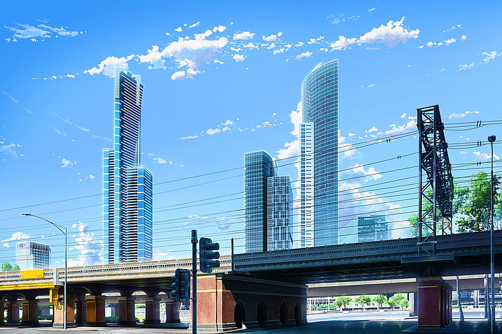 Anime skyscrapers, city, bridge, clouds, buildings, Anime, HD wallpaper |  Wallpaperbetter