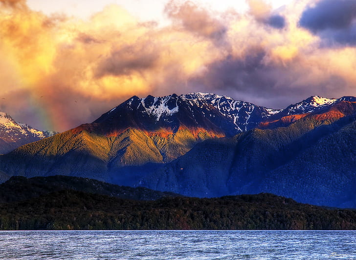 silhouette photo of mountain beside body of water, southern alps, silhouette, photo, mountain, body of water, te anau, southern  alps, fiordland, southland, south  island, new  zealand, mountains, lakes, clouds, birds, rainbow, seascape, view, morning, sunrise, mist, water, valleys, peaks, light, trees, snow, cold, silence, sun, shadows, dark  waves, day, dex, nature, lake, landscape, scenics, outdoors, mountain Peak, mountain Range, sky, beauty In Nature, blue, sunset, travel, cloud - Sky, summer, HD wallpaper