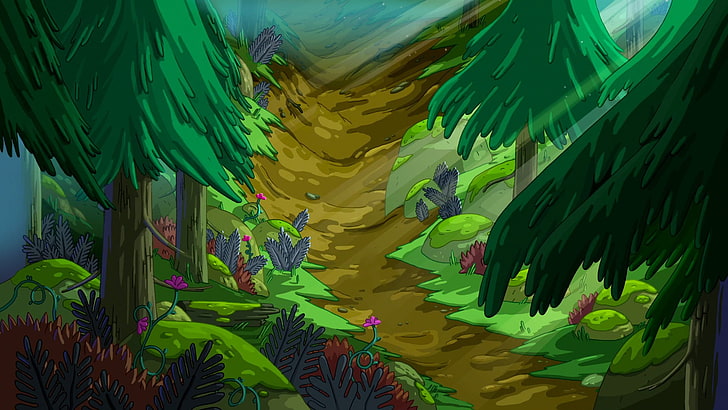 Tapete der grünen Kiefern, Abenteuer-Zeit, Karikatur, HD-Hintergrundbild