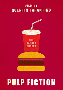 film, poster film, tampilan potret, seni kipas, Pulp Fiction, burger, minuman, latar belakang ungu, Quentin Tarantino, sederhana, minimalis, 1994 (Tahun), Wallpaper HD HD wallpaper