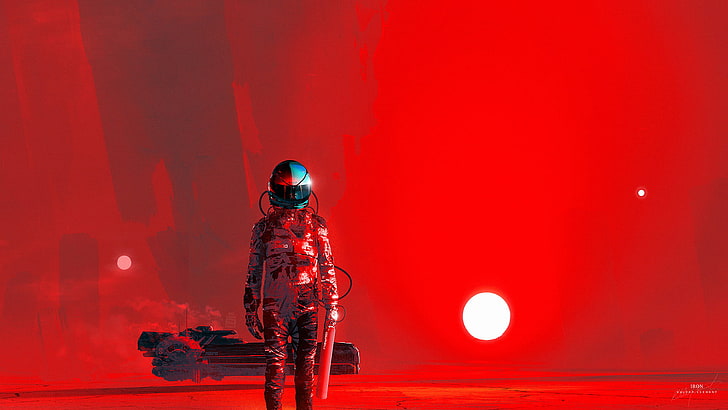 person in red overall wallpaper, Kuldar Leement, red background, astronaut, science fiction, artwork, fantasy art, futuristic, HD wallpaper