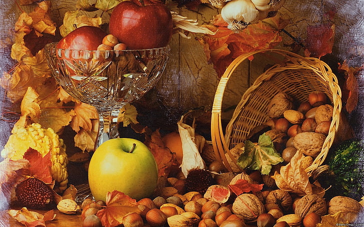 Qiushi-Windows 10 HD Wallpaper, assorted nuts and fruits in basket and beside basket still-life painting, HD wallpaper