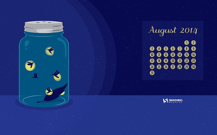 Fireflies-August 2014 calendar wallpaper, glass jar illustration, HD wallpaper