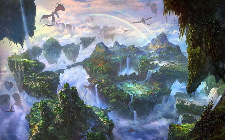 зеленый остров, фэнтези арт, пейзаж, дракон, радуга, водопад, HD обои