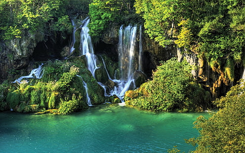 Wasserfall in der Natur, Wasserfall im Dschungel, die Natur, Bäume, Fluss, Wasserfall, HD-Hintergrundbild HD wallpaper