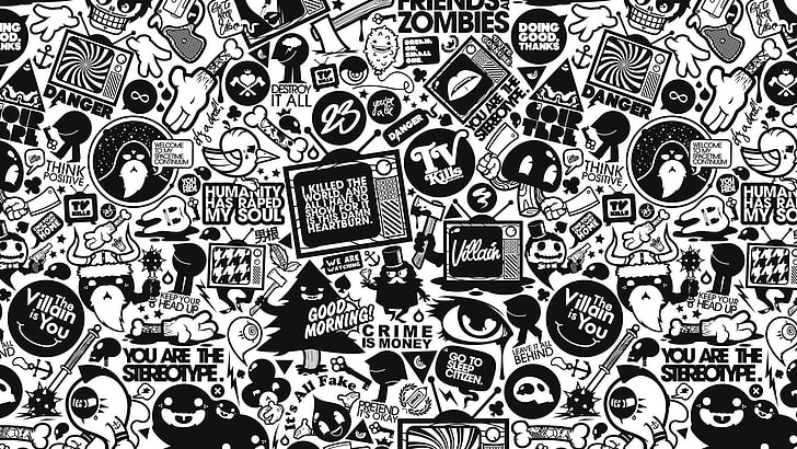 doodle art, Jared Nickerson, monochrome, typography, eyes, artwork, television sets, HD wallpaper