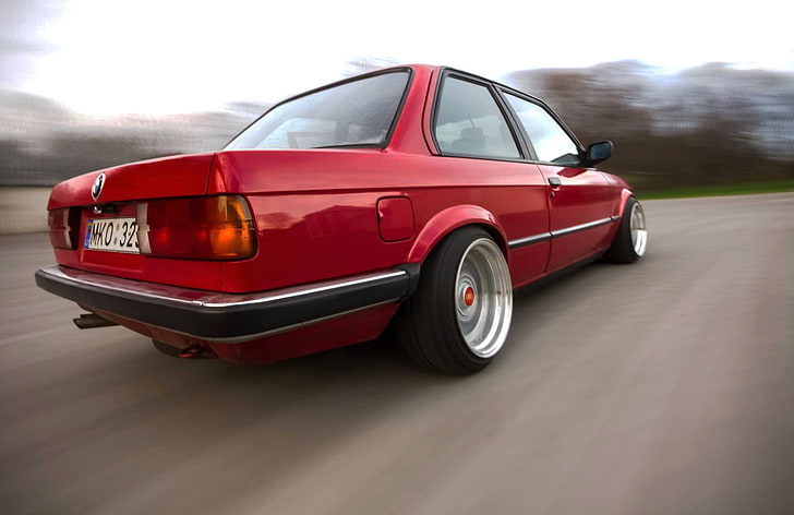close-up photo of red coupe on gray concrete road taken during daytime, old car, car, muscle cars, sports car, drift, lighter, BMW, BMW E30, red cars, motion blur, HD wallpaper