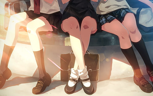 carta da parati anime, calze, scarpe, gonna, uniforme scolastica, personaggi originali, anime girls, cravatta, borsa, Sfondo HD HD wallpaper