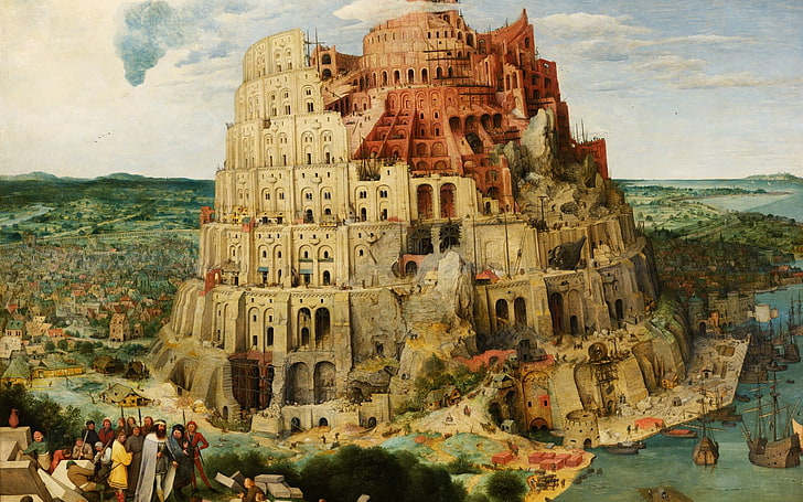 edificio dipinto beige, Torre di Babele, Pieter Bruegel, arte classica, torre, barca, Sfondo HD