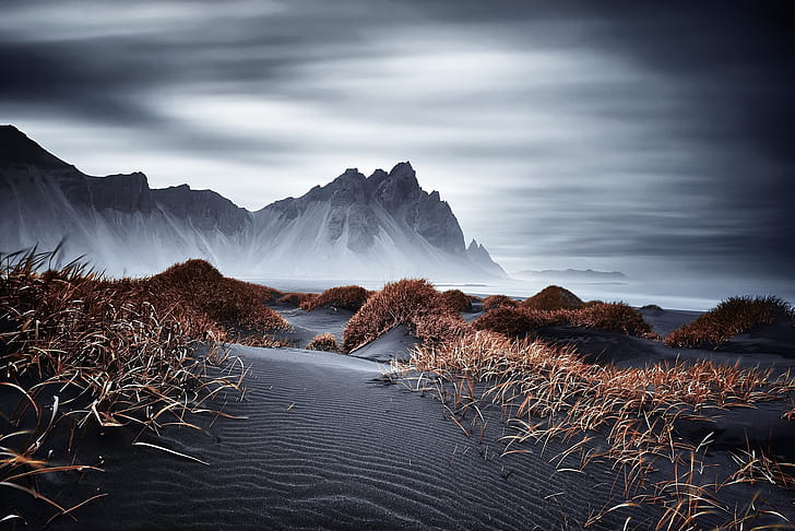 Gelap, Islandia, pegunungan, alam, Vestrahorn, Wallpaper HD