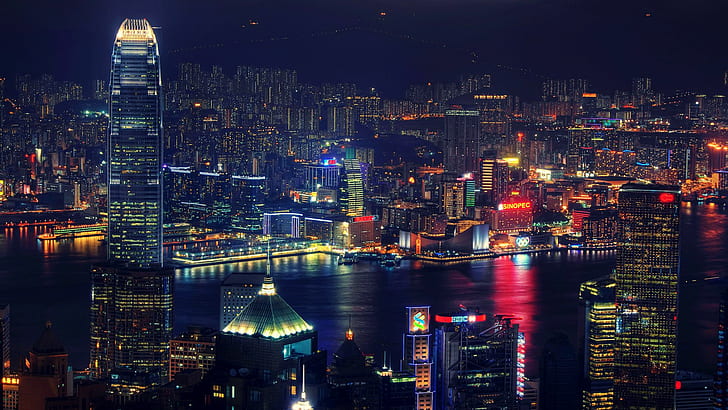 Victoria Harbour Foto Hong Kong Di Notte Piena Di Luci, Sfondo HD