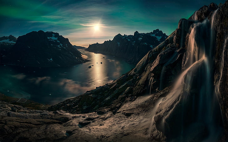 mountain range, nature, landscape, Moon, waterfall, sky, mountains, fjord, snowy peak, Greenland, moonlight, reflection, stars, HD wallpaper