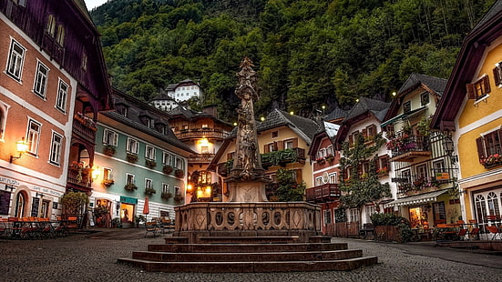 brown and gray concrete fountain, architecture, building, old building, town, house, town square, forest, Hallstatt, Austria, evening, lights, sculpture, angel, bench, HD wallpaper HD wallpaper