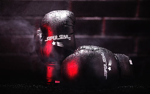 Боксерские перчатки на капле воды, пара черных боксерских перчаток, спорт, бокс, свечение, капля воды, HD обои HD wallpaper