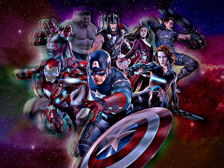avengers, marvel, comics, hd, artwork, artist, digital art, iron man, captain america, hulk, black widow, wanda maximoff, vision, thor, hawkeye, HD wallpaper