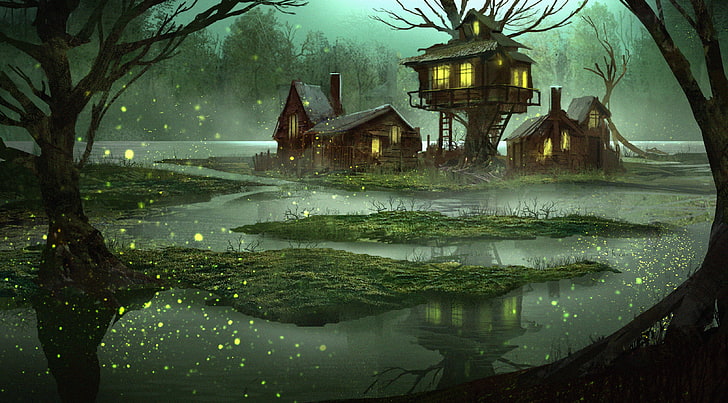 沼の図、森、水、家、ファンタジー、沼、物語、夜、アートの近くの家、 HDデスクトップの壁紙