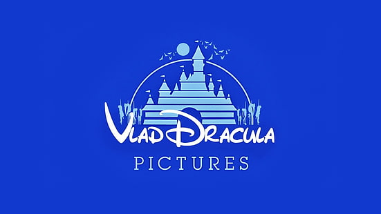 Fondo de pantalla de Vlad Dracula Picture, humor, logotipo, Drácula, castillo, murciélagos, fondo azul, Walt Disney, Fondo de pantalla HD HD wallpaper