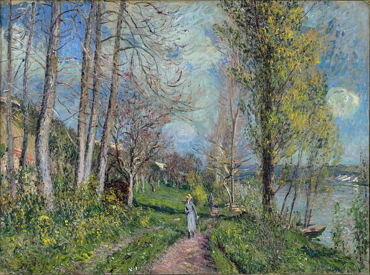 kobieta idąca drogą między drzewami malowanie, niebo, dziewczyna, chmury, drzewa, rzeka, obraz, siano, spacer, ścieżka, Alfred Sisley, Tapety HD
