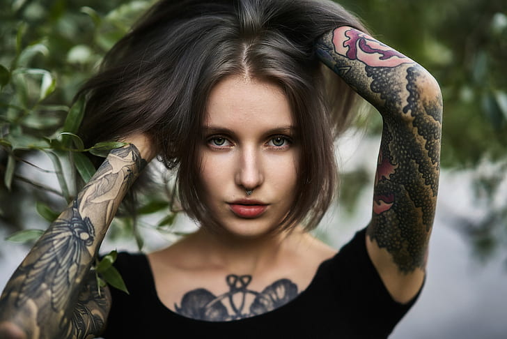 wanita, wajah, potret, tato, gadis bertinta, mata hijau, Jerman Aliona, Wallpaper HD