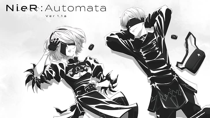 аниме, аниме момчета, аниме момичета, минимализъм, монохромен, Nier: Automata, 2B (Nier: Automata), 9S (Nier: Automata), легнал, усмихнат, HD тапет