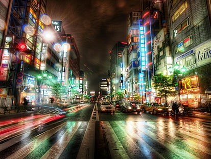 veículos de cores sortidas, HDR, rua, urbano, luzes, néon, cidade, fotografia, paisagem urbana, Japão, HD papel de parede HD wallpaper