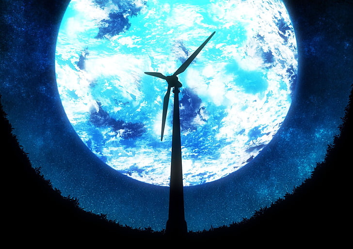 Moon, wind turbine, HD wallpaper