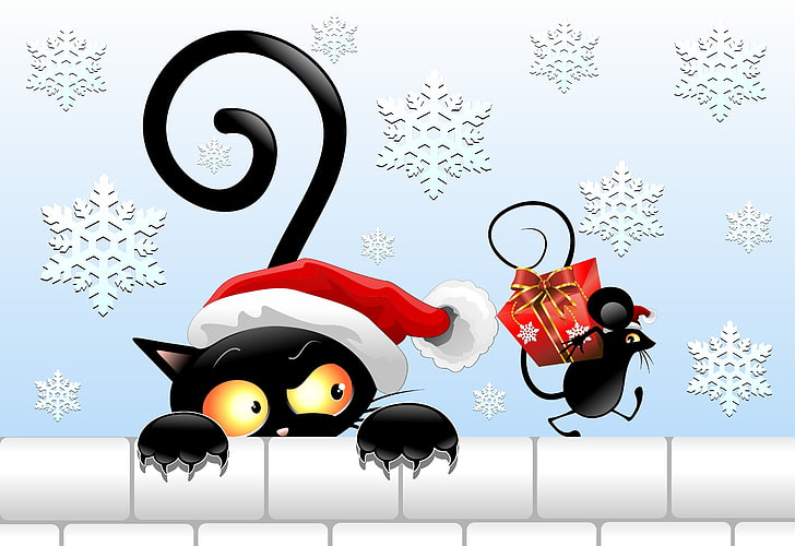 black cat and mouse wallpaper, look, gift, hat, new year, vector, mouse, tail, black cat, HD wallpaper