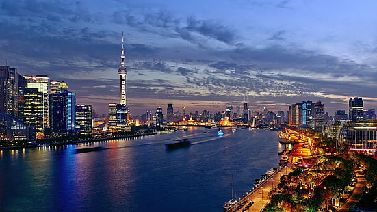 Cina, Shanghai, malam kota, lampu, sungai, bangunan, pemandangan cahaya kota, Cina, Shanghai, Kota, Malam, Lampu, Sungai, Bangunan, Wallpaper HD HD wallpaper