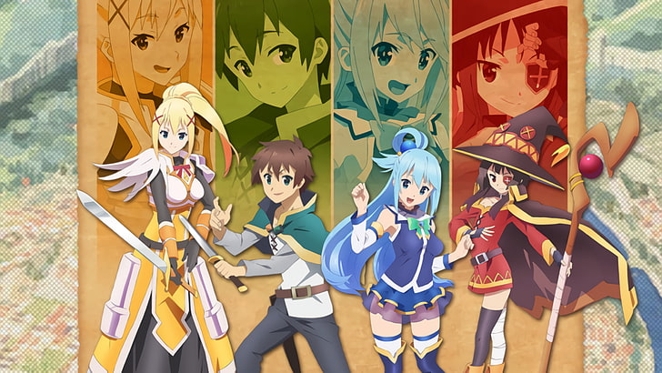 Wallpaper Characters, Megumin, Aqua, Kazuma Satou, Kono Subarashii