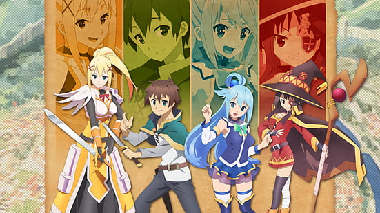 Anime, KonoSuba - Deus abençoe este mundo maravilhoso !!, Aqua (KonoSuba), Escuridão (KonoSuba), Kazuma Satou, Megumin (KonoSuba), HD papel de parede HD wallpaper