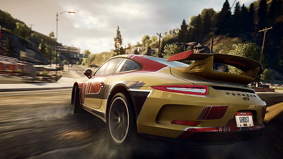 желтый и красный скриншот автомобильной видеоигры Porsche, Porsche 911 GT3, Need for Speed: Rivals, Need for Speed, видеоигры, Porsche, HD обои HD wallpaper