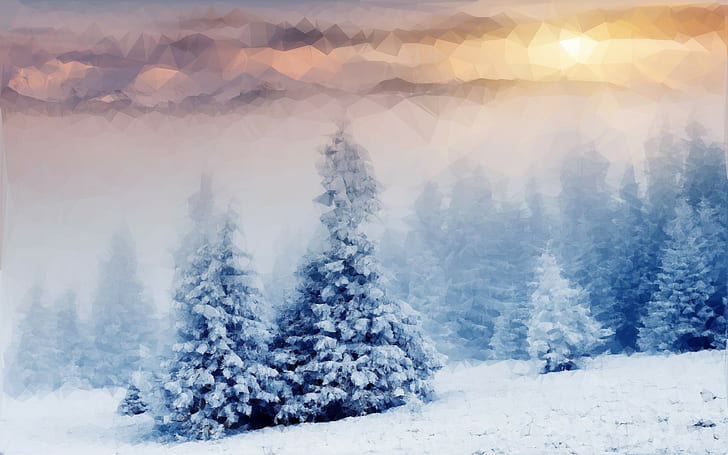 natura, neve, alberi, sole, arte poligonale, nuvole, Sfondo HD