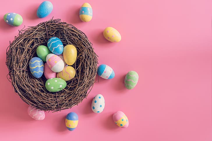 koszyk, jajka, wiosna, kolorowy, Wielkanoc, drewno, dekoracja, szczęśliwy, delikatny, Tapety HD