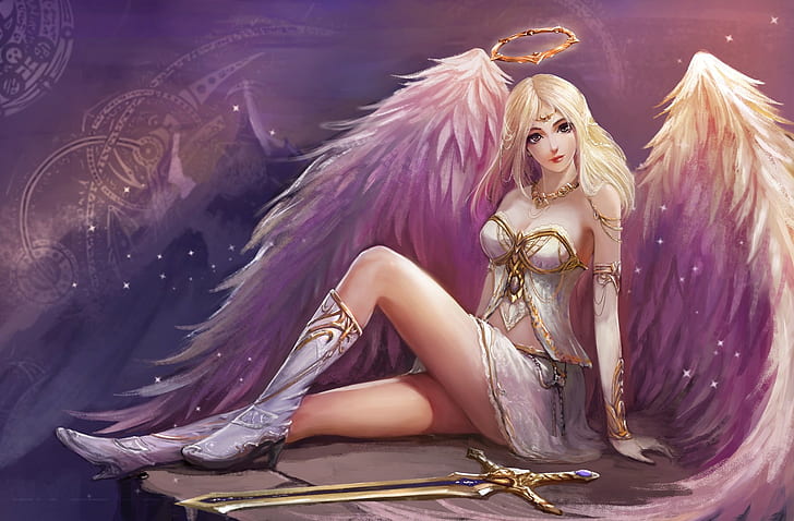 anioł, sztuka fantasy, dziewczyna fantasy, skrzydła, nogi, blondynka, miecz, dzieło sztuki, Tapety HD
