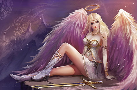 anioł, sztuka fantasy, dziewczyna fantasy, skrzydła, nogi, blondynka, miecz, dzieło sztuki, Tapety HD HD wallpaper