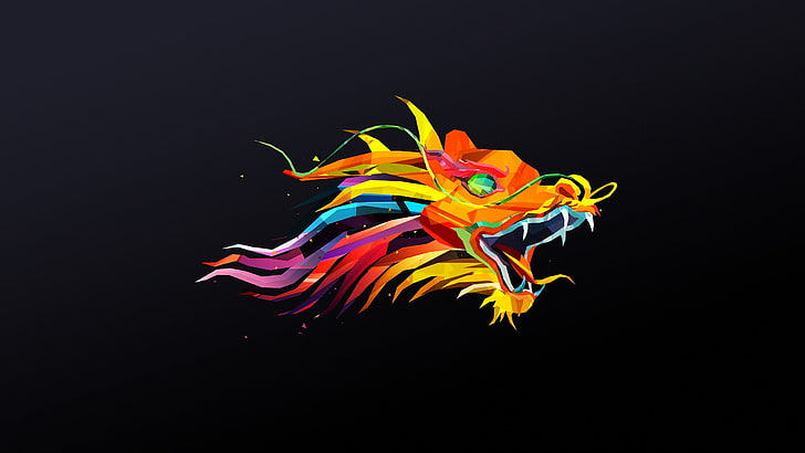 multicolored dragon head illustration, abstract, Justin Maller, animals, Facets, dragon, simple background, digital art, colorful, low poly, black background, black, HD wallpaper
