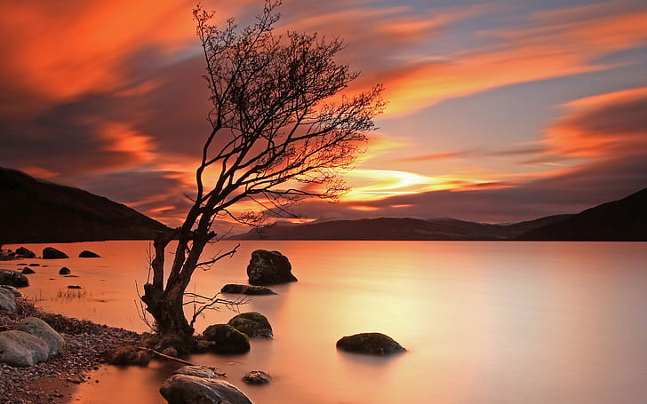 Sunset lake, Sunset, Lake, mountains, landscape, HD wallpaper