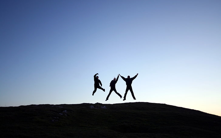 silhouette of three person while jumping illustration, people, jump, hill, shadow, silhouette, HD wallpaper
