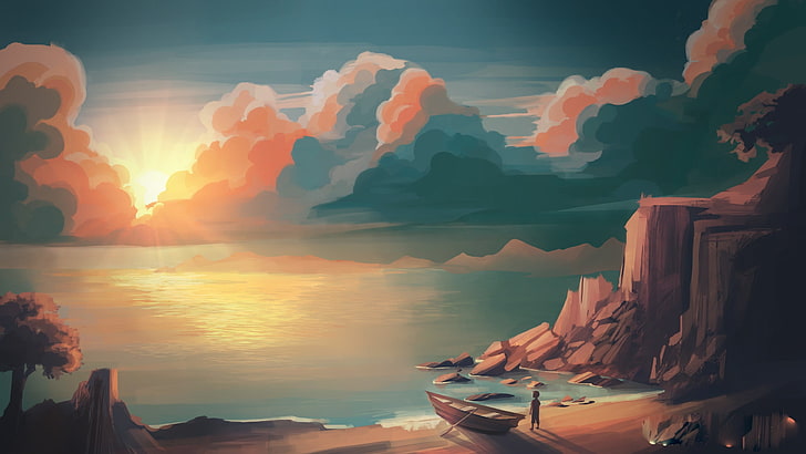 menino em pé perto de barco na pintura costeira, ilustração, pôr do sol, montanhas, sol, obras de arte, HD papel de parede
